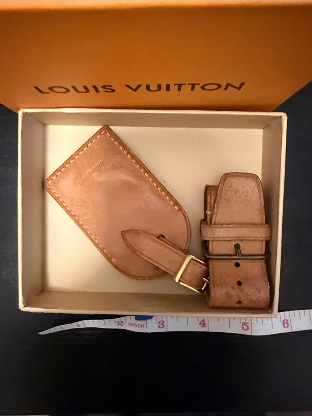 Louis Vuitton Tan Leather Luggage Tag and Belt Set